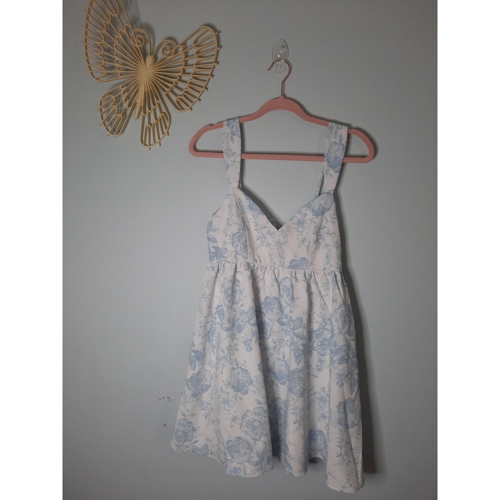 Row A Blue White Floral Mini Dress V-Neck Bow Back Sun Dress Small Cottagecore